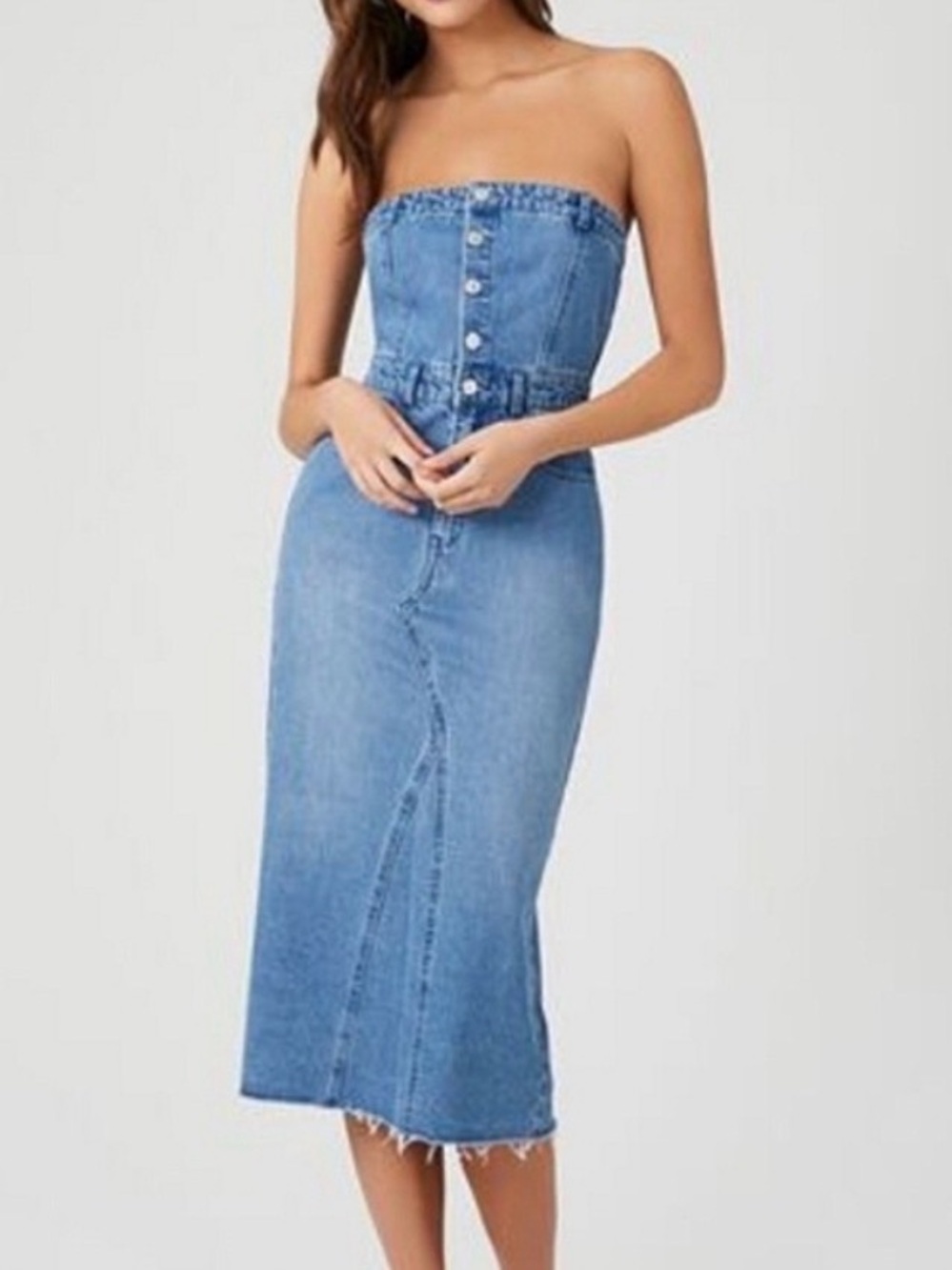 Sincerely Jules EUC Blue Strapless Denim Midi Dress Sz M Button Front coastal
